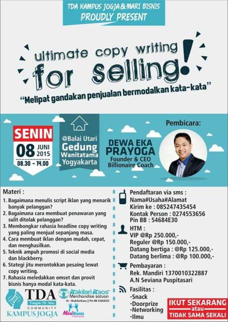 8 Juni 2015 Seminar 'Ultimate Copywriting for Selling' - TDA Kampus Jogja Forum