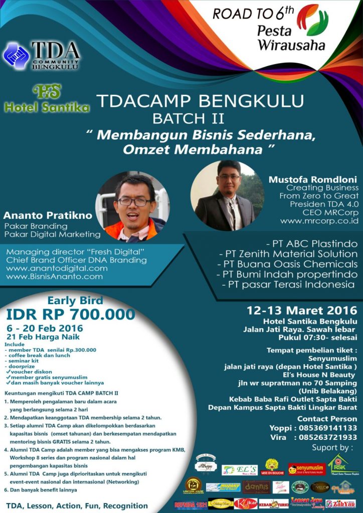 12 – 13 Maret 2016 TDA Camp Batch #2 'Bisnis Sederhana, Omzet Membahana' - TDA Bengkulu Forum