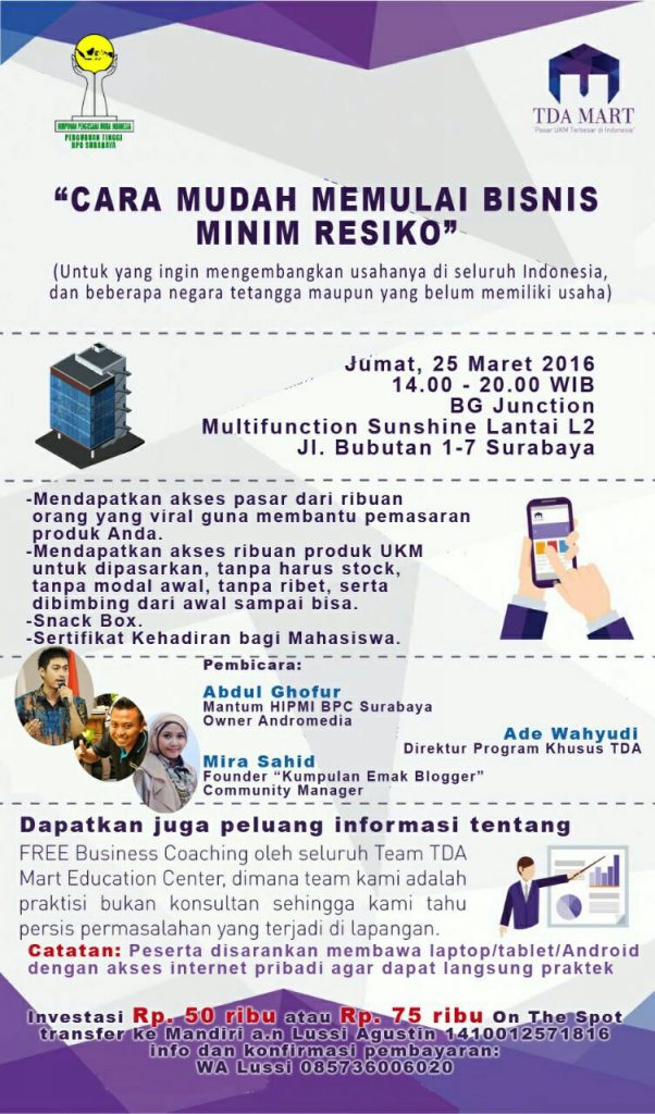 25 Maret 2016 Seminar 'Cara Mudah Memulai Bisnis Minim Risiko' - TDA Surabaya Forum